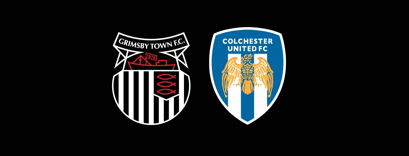 Grimsby Town Football Club and Colchester United Football Club crests side by side on a black background