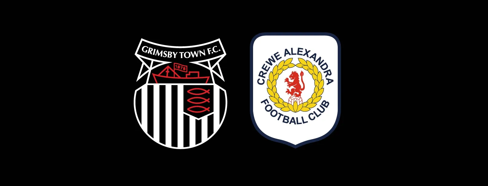 Grimsby Town Football Club and Crewe Alexandra Football Club crests side by side on a black background