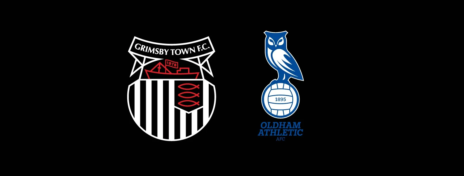 Grimsby Town Football Club and Oldham Athletic Football Club crests side by side on a black background
