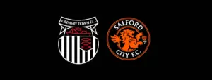 Grimsby Town Football Club and Salford City Football Club crests side by side on a black background