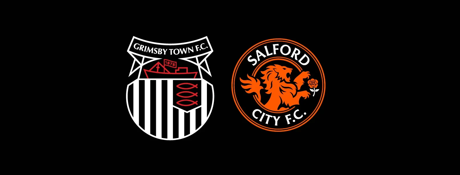 Grimsby Town Football Club and Salford City Football Club crests side by side on a black background