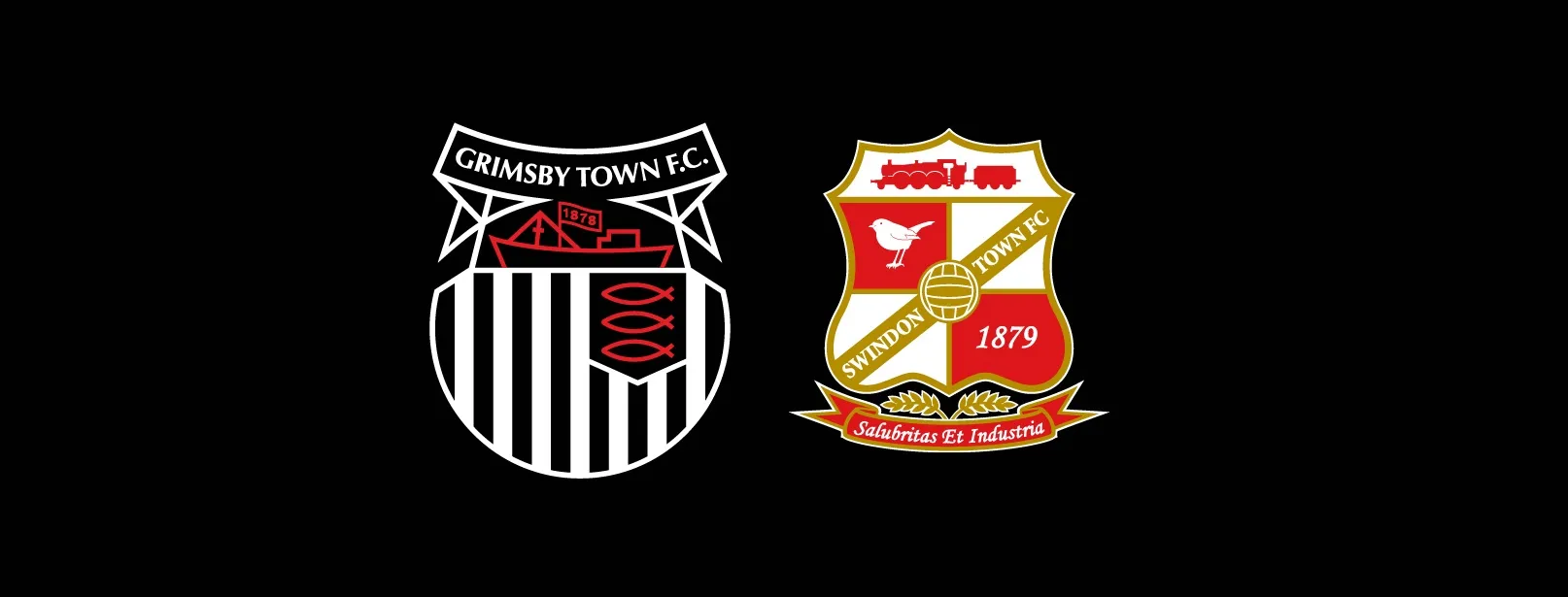 Grimsby Town Football Club and Swindon Town Football Club crests side by side on a black background