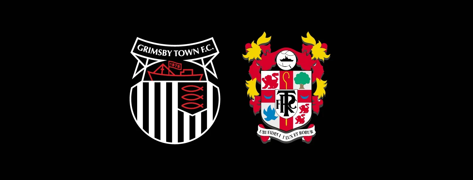 Grimsby Town Football Club and Tranmere Rovers Football Club crests side by side on a black background