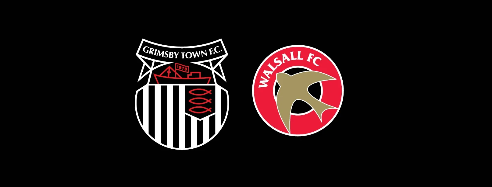 Grimsby Town Football Club and Walsall Football Club crests side by side on a black background
